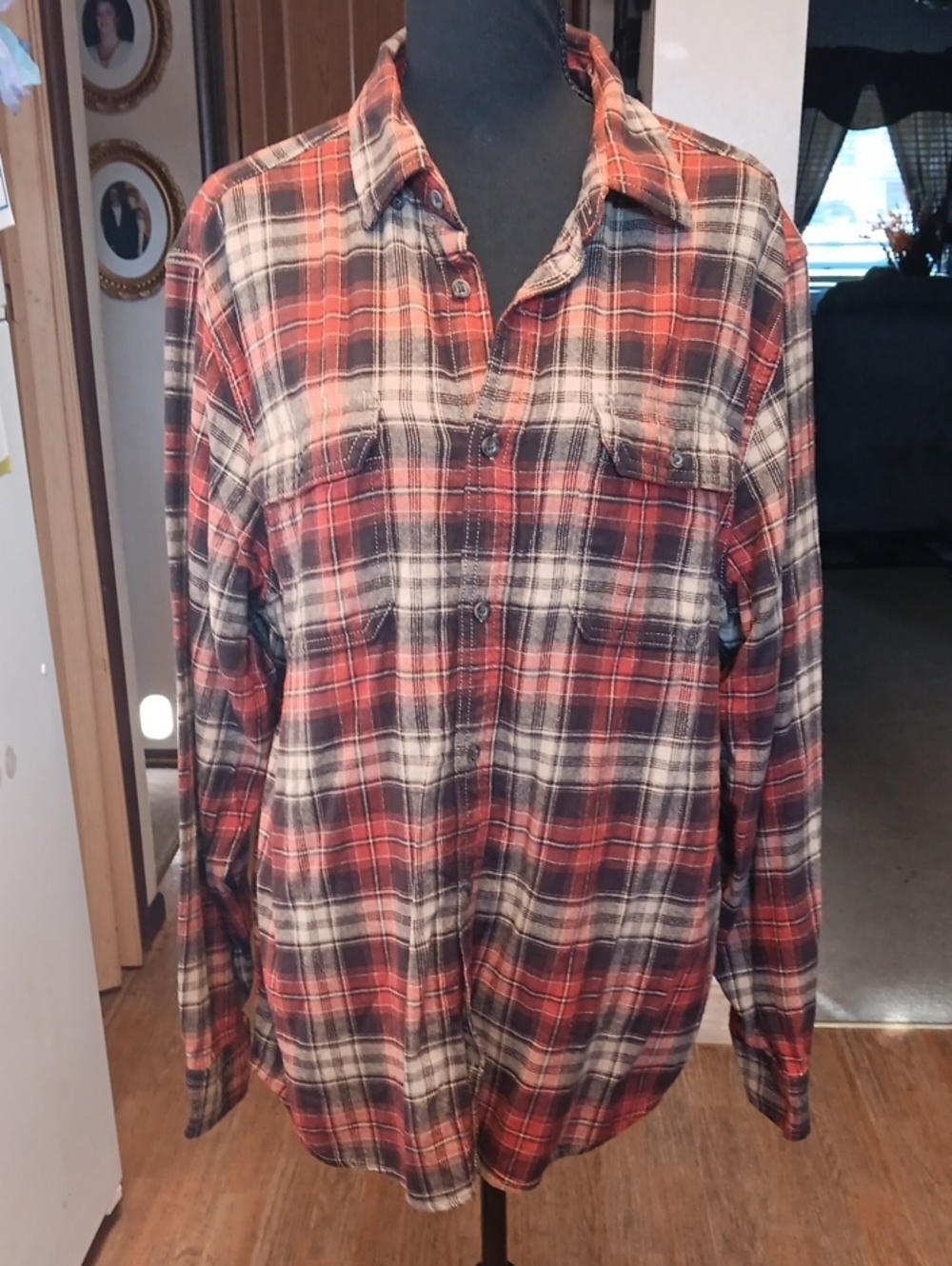 George Men's Red and Cream Plaid Button-Down Shirt